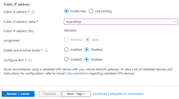 Capture d’écran montrant comment spécifier l’adresse IP publique d’une passerelle de réseau virtuel à l’aide du Portail Azure.