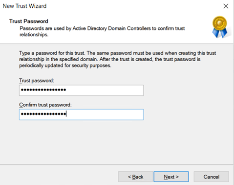 Capture d’écran de la console Domaines et approbations Active Directory montrant comment entrer un mot de passe pour l’approbation.