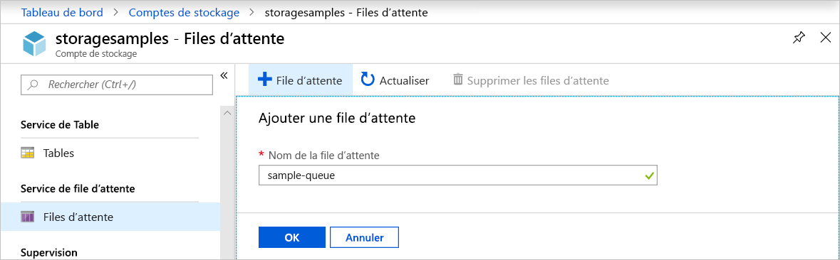 Capture d’écran montrant comment créer une file d’attente dans le portail Azure