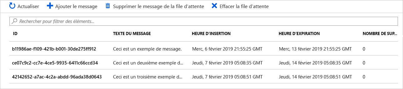 Capture d’écran montrant les propriétés des messages