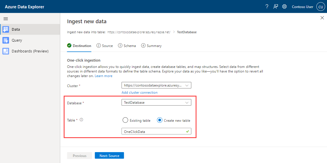 Capture d’écran de l’Assistant d’ingestion en un clic Azure Data Explorer, montrant la sélection d’une base de données et d’une table.