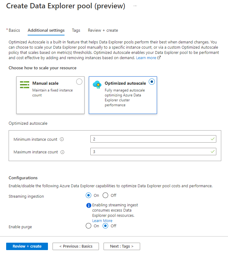 Activer l’ingestion en streaming lors de la création d’un pool Data Explorer dans Azure Synapse Data Explorer.