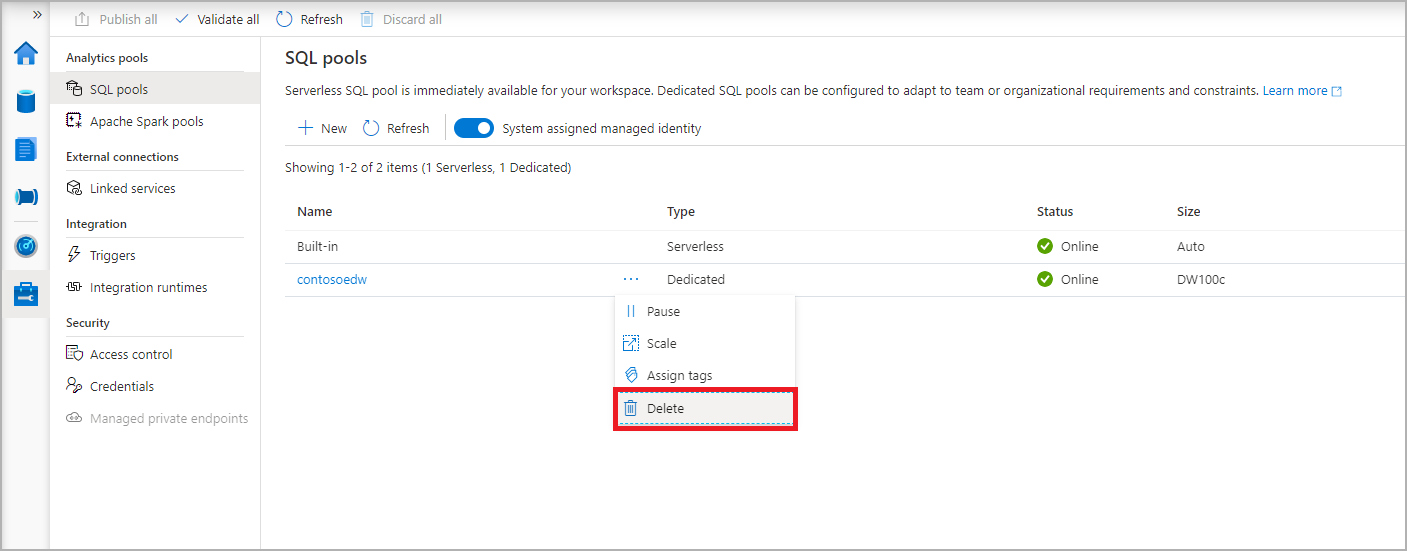 Capture d’écran de tous les pools SQL, avec le pool récemment créé sélectionné.