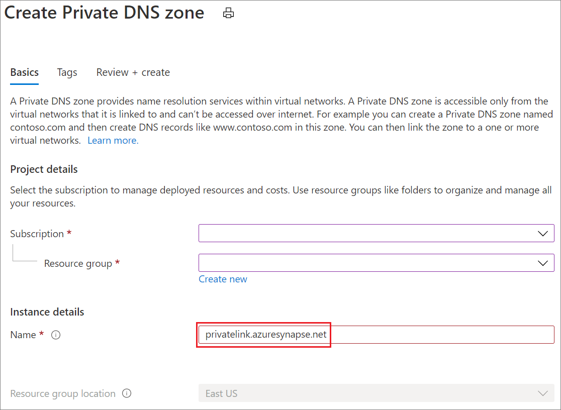 Capture d’écran de la création d’une zone DNS 2 privée Synapse.