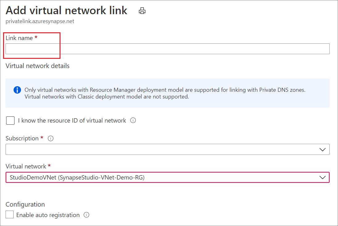 Capture d’écran de la création d’une zone DNS 4 privée Synapse.