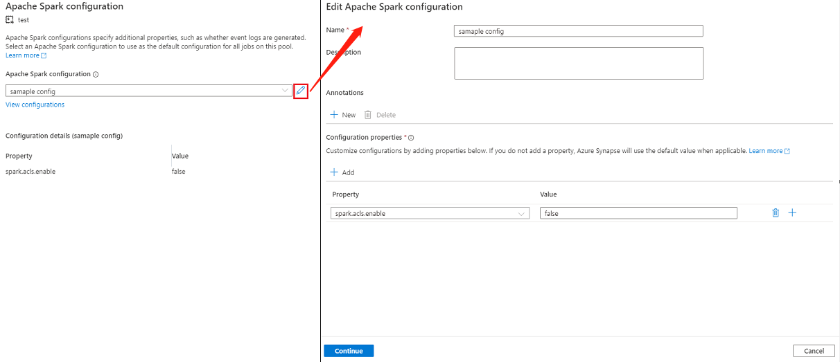 Capture d’écran montrant la modification d’une configuration Spark.