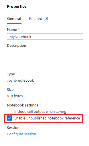 Capture d’écran de la case à cocher permettant d’activer le référencement d’un notebook Synapse non publié.