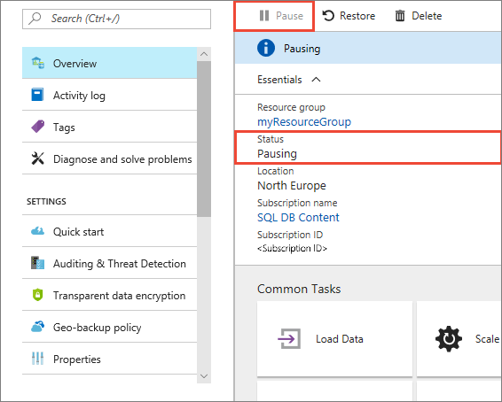 Capture d’écran montrant le portail Azure pour un exemple d’entrepôt de données avec la valeur d’état de Suspension en cours.