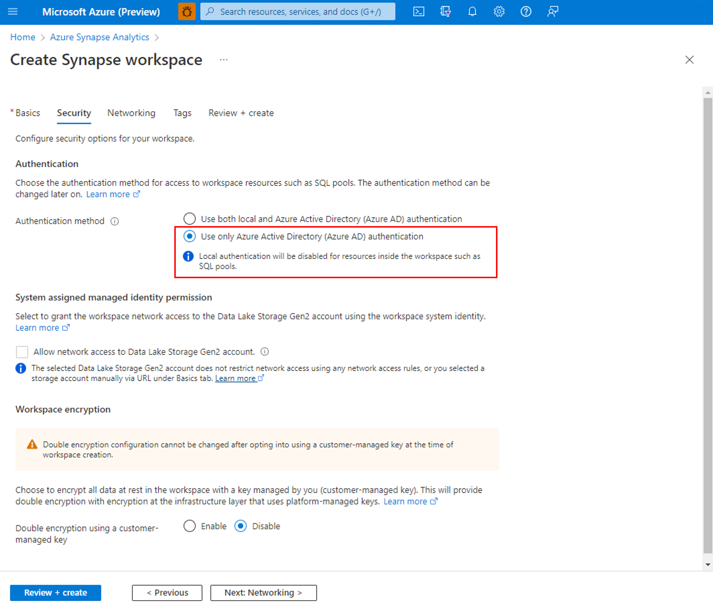 Configuration de l’authentification Microsoft Entra uniquement lors de la création de l’espace de travail