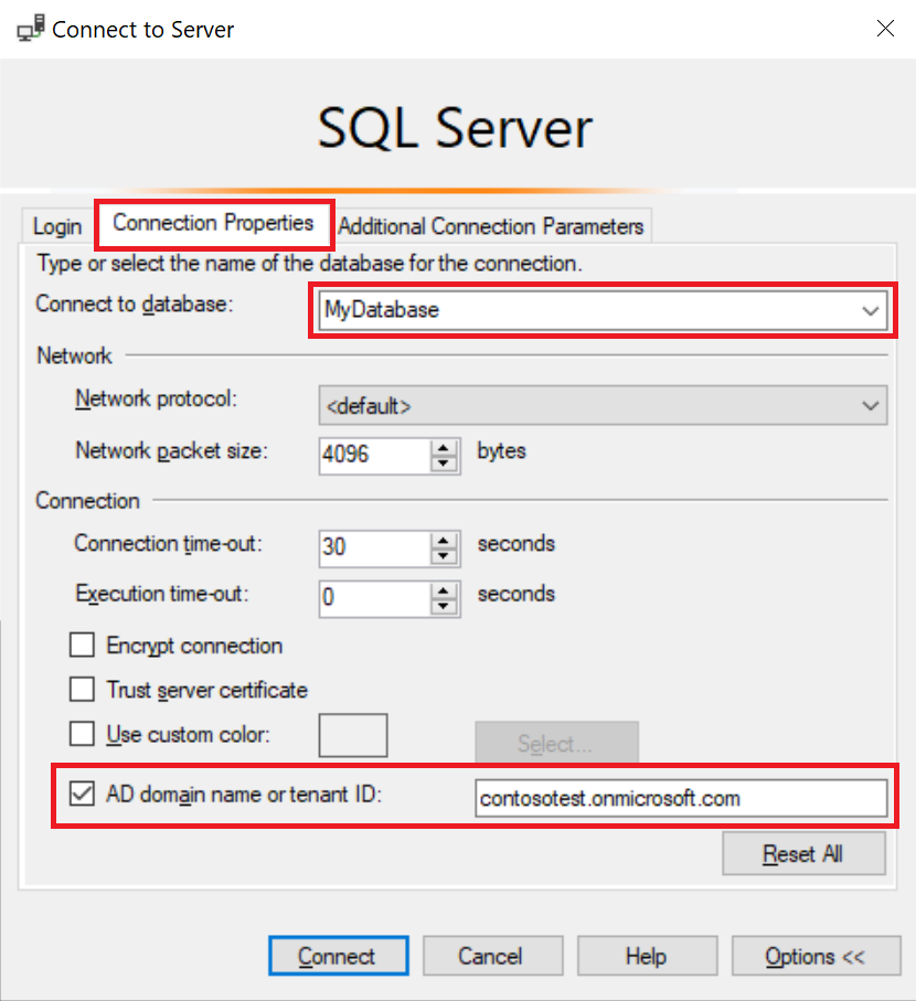 Capture d’écran montrant Se connecter au serveur dans l’onglet Propriétés de la connexion avec les valeurs entrées.