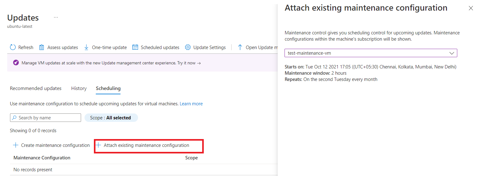 Capture d’écran montrant l’option Attacher la configuration de maintenance de la Mise à jour corrective planifiée.