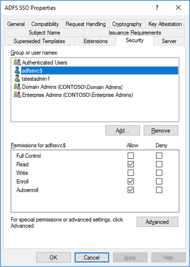 Capture d’écran montrant l’onglet Sécurité du modèle de certificat SSO une fois qu’il est correctement configuré.