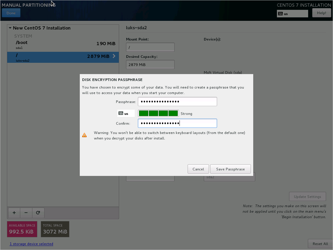 Configuration CentOS 7 - Fournir la phrase secrète