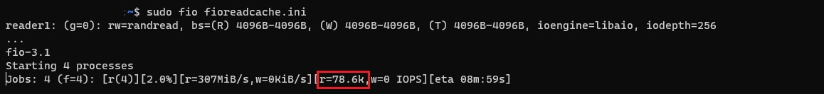 Capture d’écran Le nombre d’E/S par seconde d’écriture que la machine virtuelle et les disques SSD Premium fournissent indique que les écritures sont de 78 600 E/S par seconde en lecture.