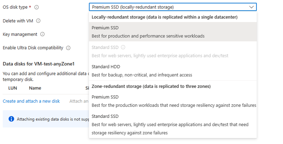 Capture d’écran des disques pris en charge pour une zone sélectionnée par Azure.