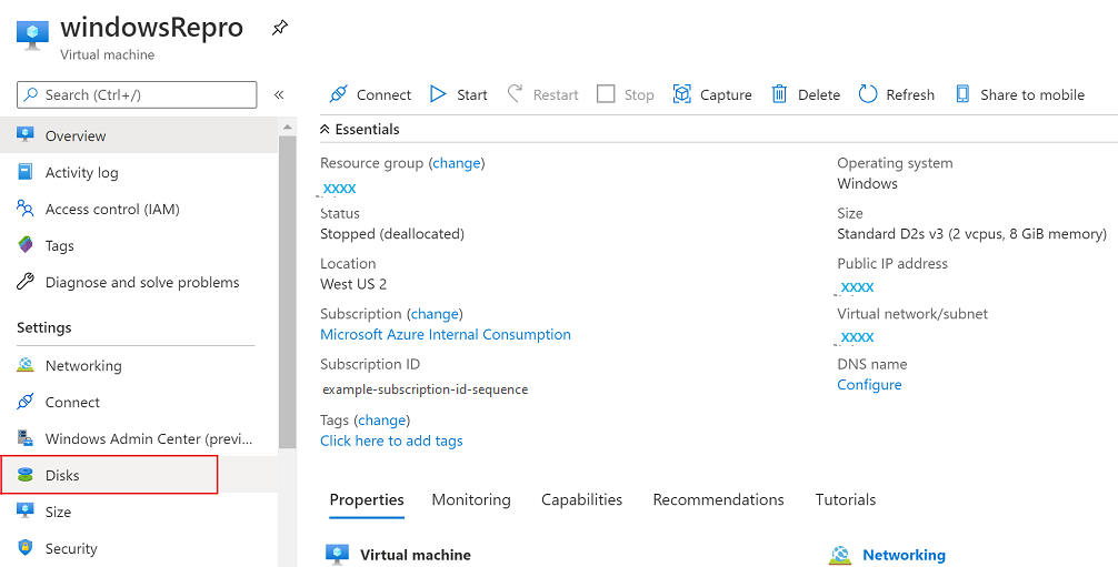 Capture d’écran montrant l’option Disques sélectionnée dans la section Paramètres du menu.