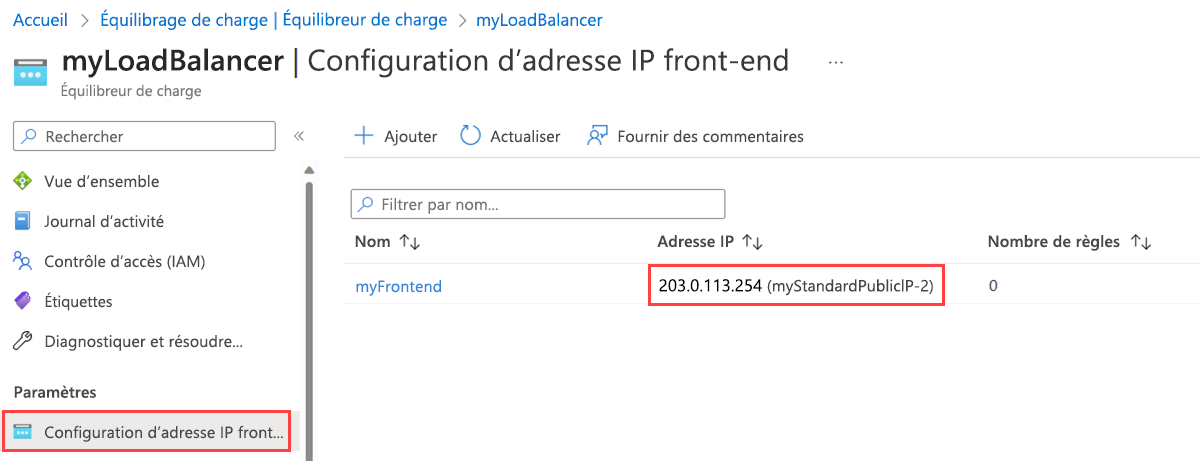 Capture d’écran de la page de configuration de l’I P frontal de l’équilibreur de charge montrant la nouvelle adresse IP publique.