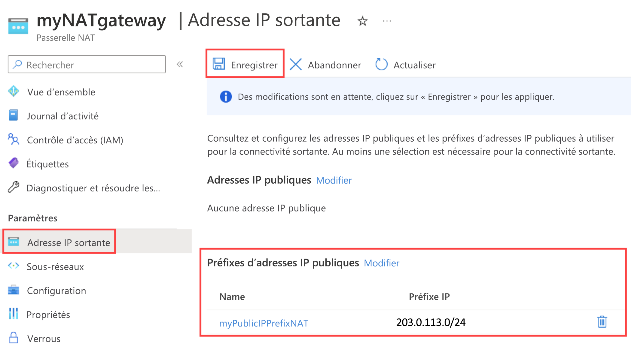 Capture d’écran de la page configuration d’adresse IP sortante de la passerelle NAT montrant le nouveau préfixe d’adresse IP publique.