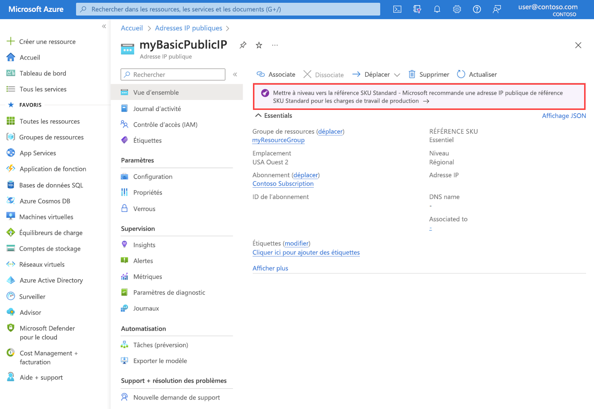 Capture d’écran montrant la bannière de mise à niveau dans le Portail Azure utilisée pour mettre à niveau l’adresse IP de base.