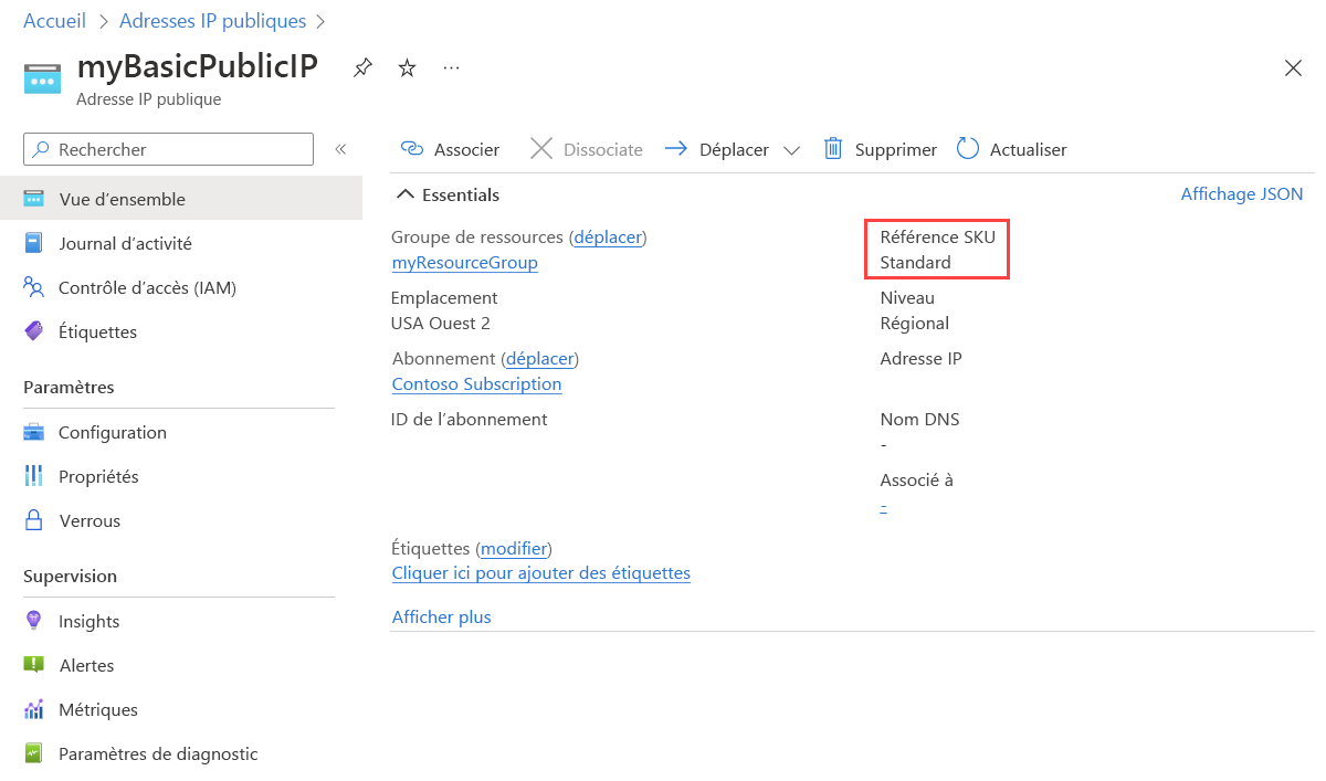 Capture d’écran montrant que l’adresse IP publique est la référence SKU standard.
