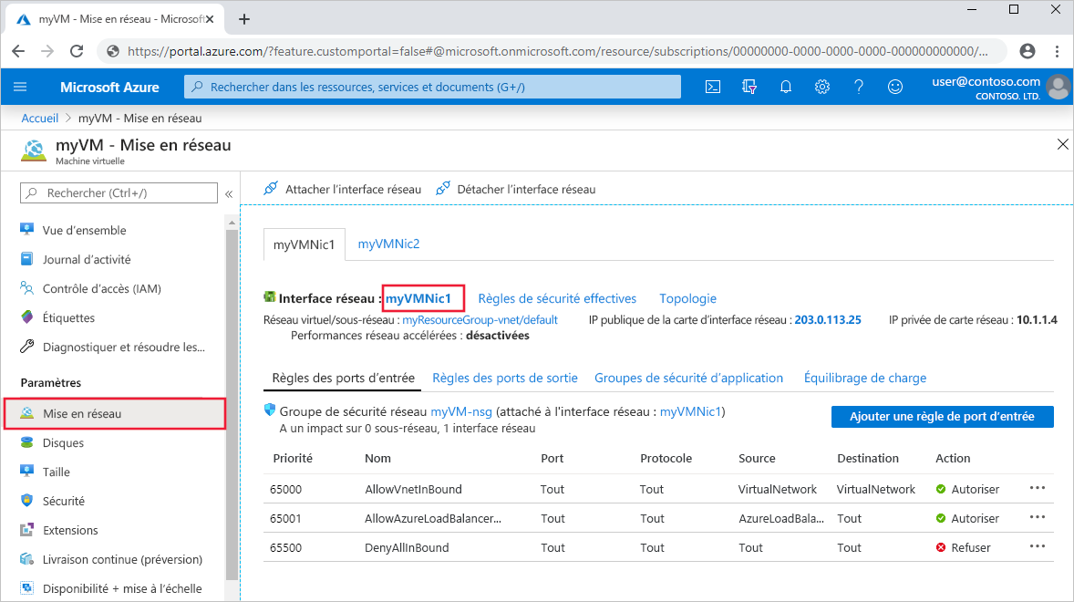 Capture d'écran montrant les paramètres de l'interface réseau virtuelle dans le Portail Microsoft Azure.