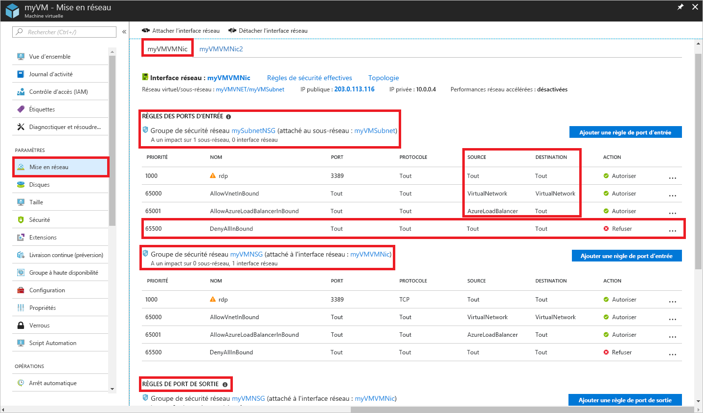 Capture d’écran représentant les paramètres de mise en réseau de ma carte réseau V M V M dans le Portail Azure.