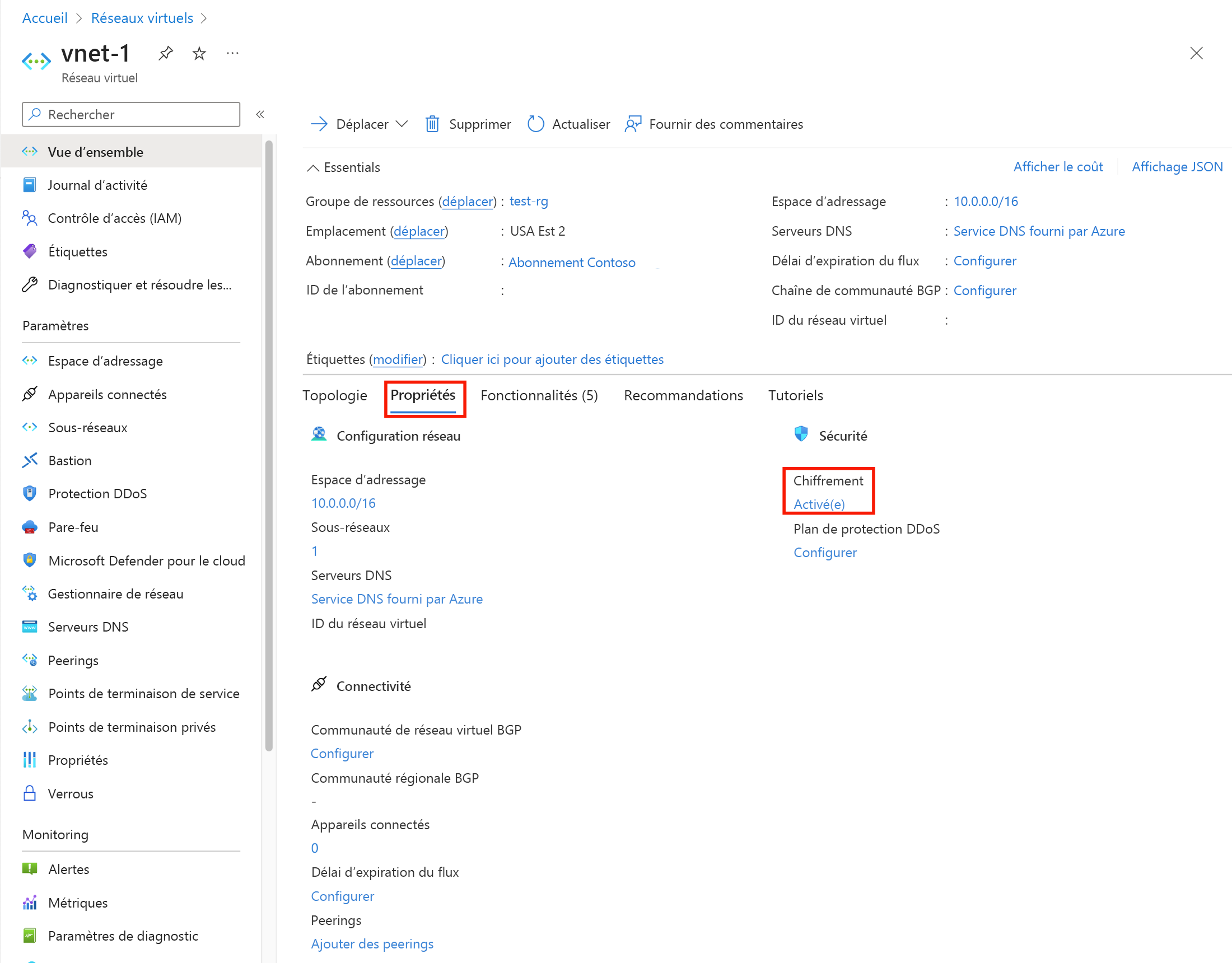 Capture d’écran montrant les propriétés du réseau virtuel avec le chiffrement activé.