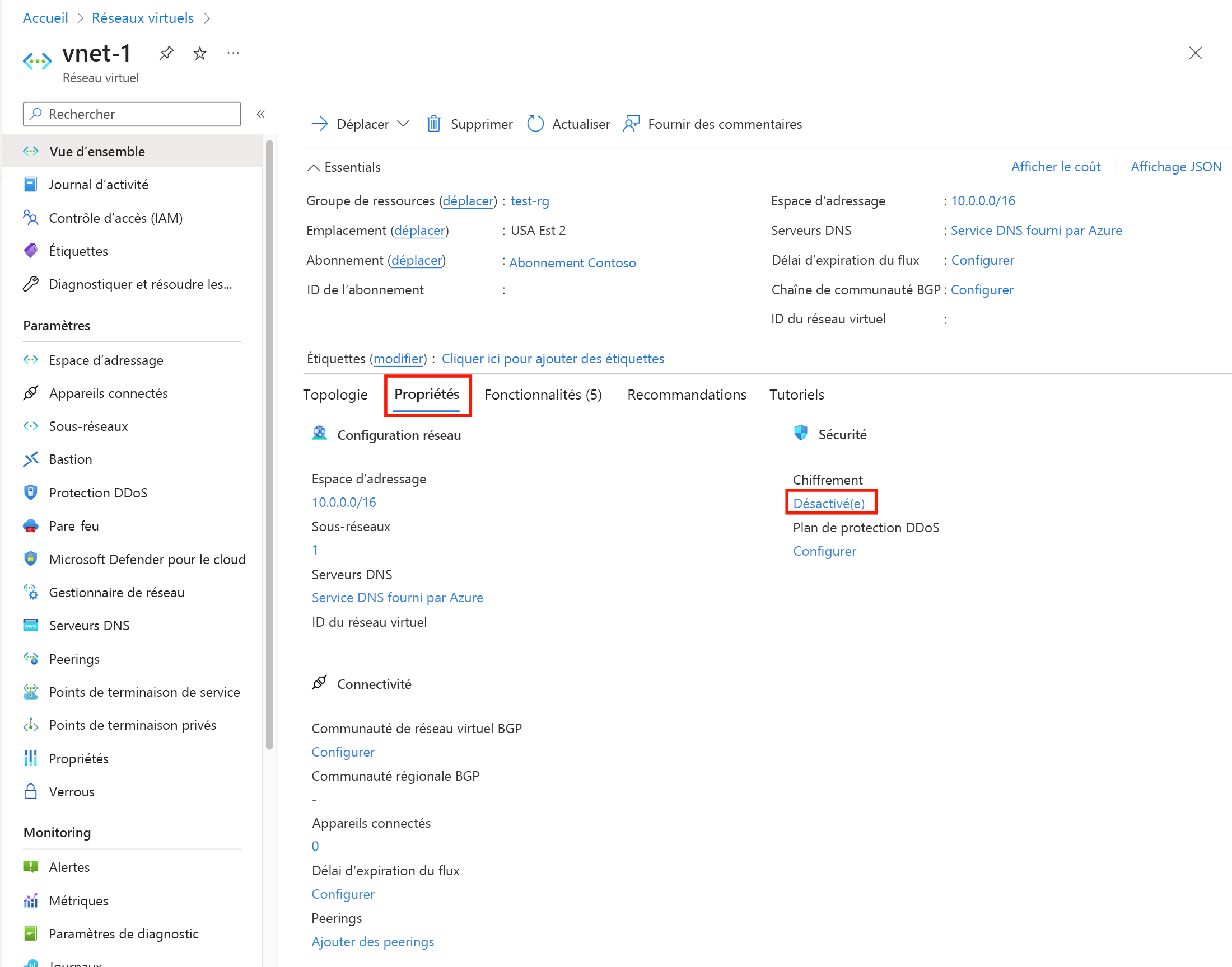 Capture d’écran montrant les propriétés du réseau virtuel.