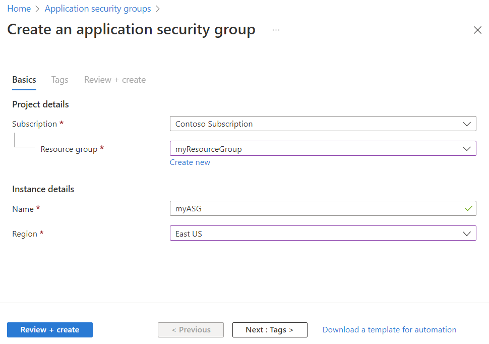 Capture d’écran montrant la création d’un groupe de sécurité d’application dans le portail Azure.