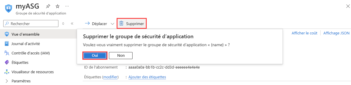 Capture d’écran montrant la suppression d’un groupe de sécurité d’application dans le portail Azure.