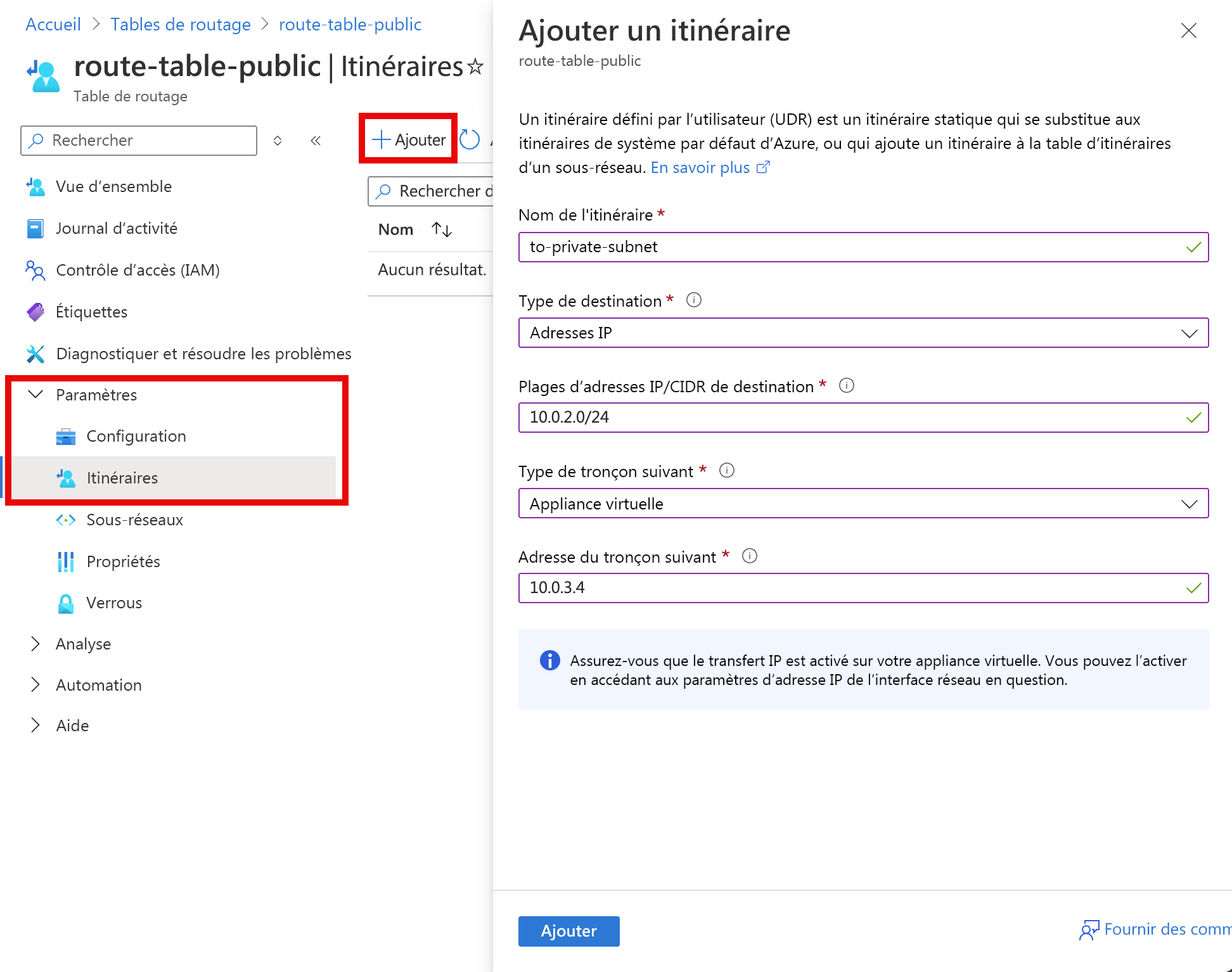 Capture d’écran de la création d’itinéraires dans la table de routage.