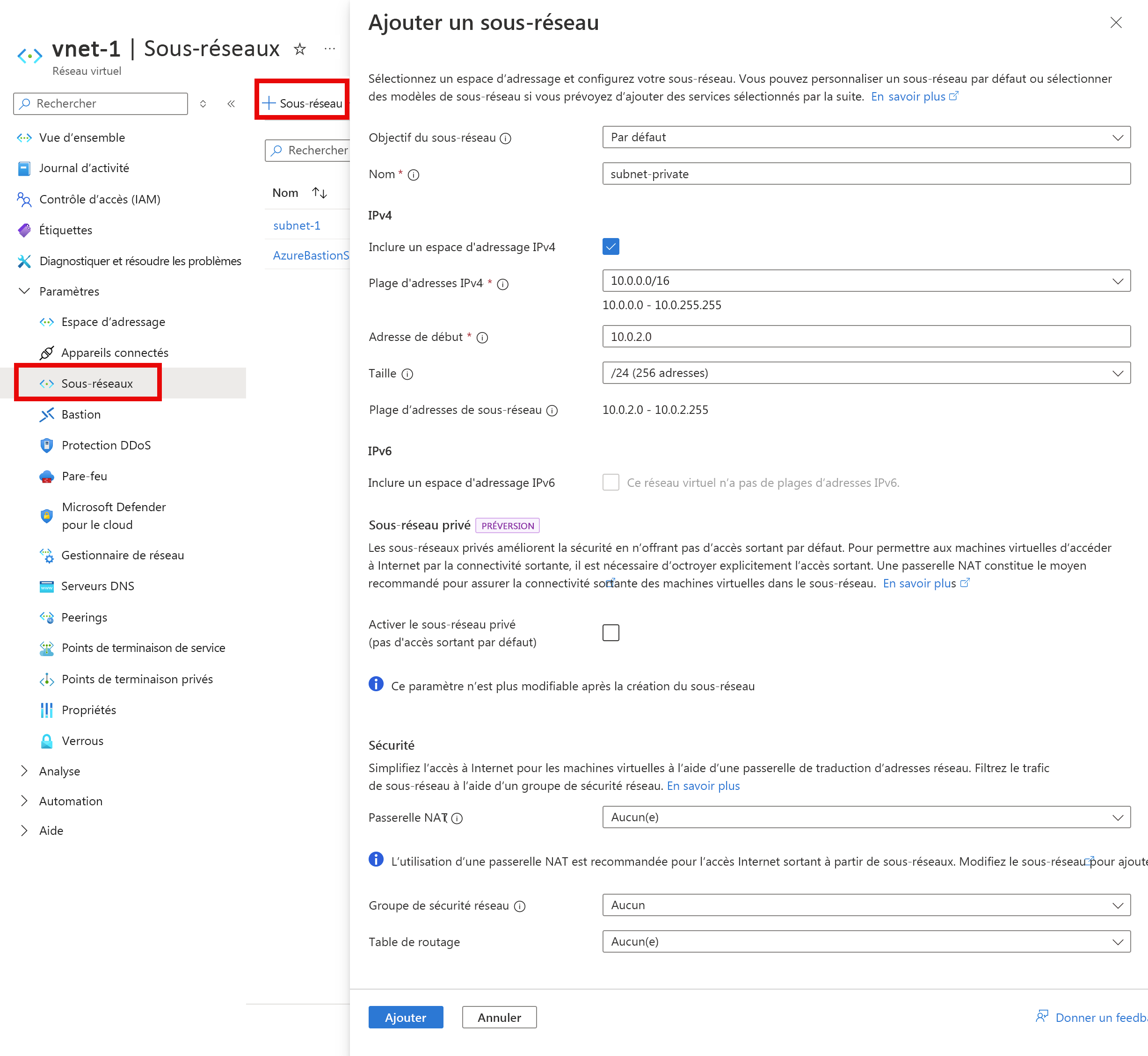 Capture d’écran de la création d’un sous-réseau privé dans un réseau virtuel.