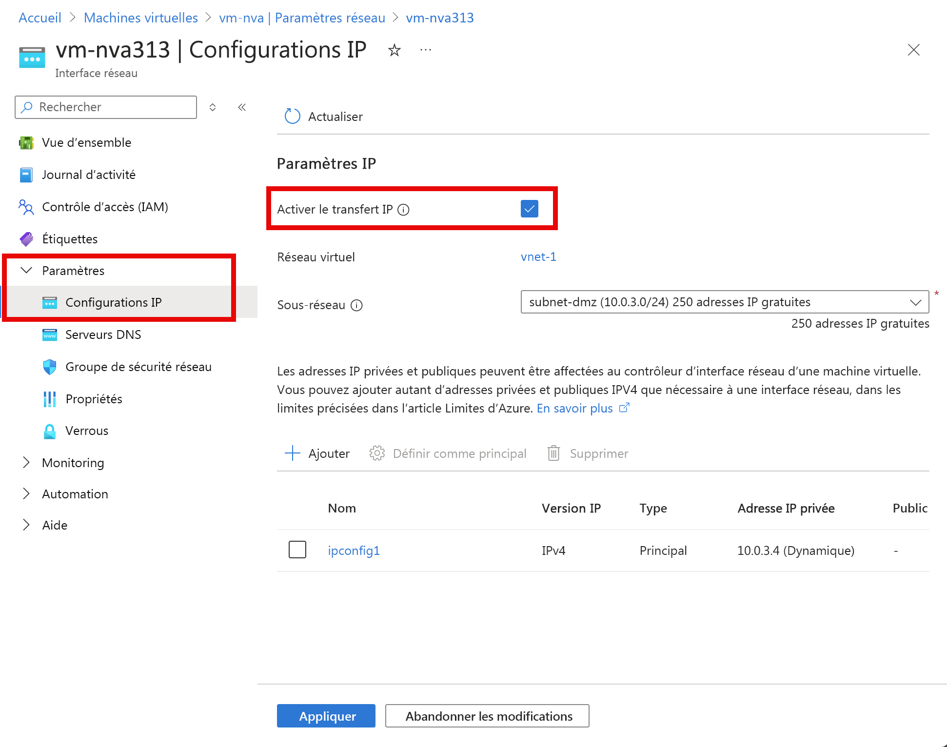 Capture d’écran de l’activation du transfert IP.