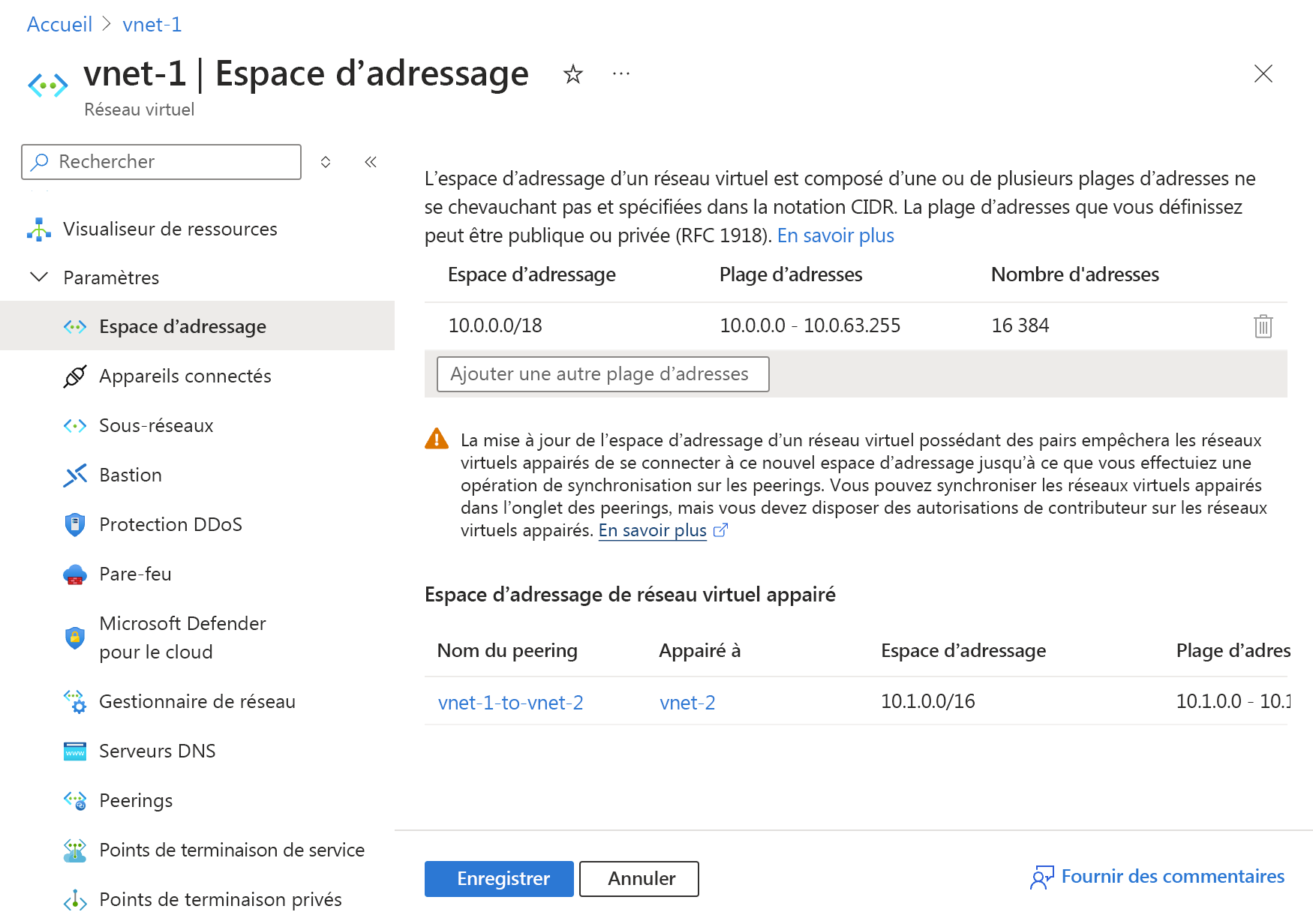 Capture d’écran montrant l’enregistrement des modifications apportées à la plage d’adresses du sous-réseau.