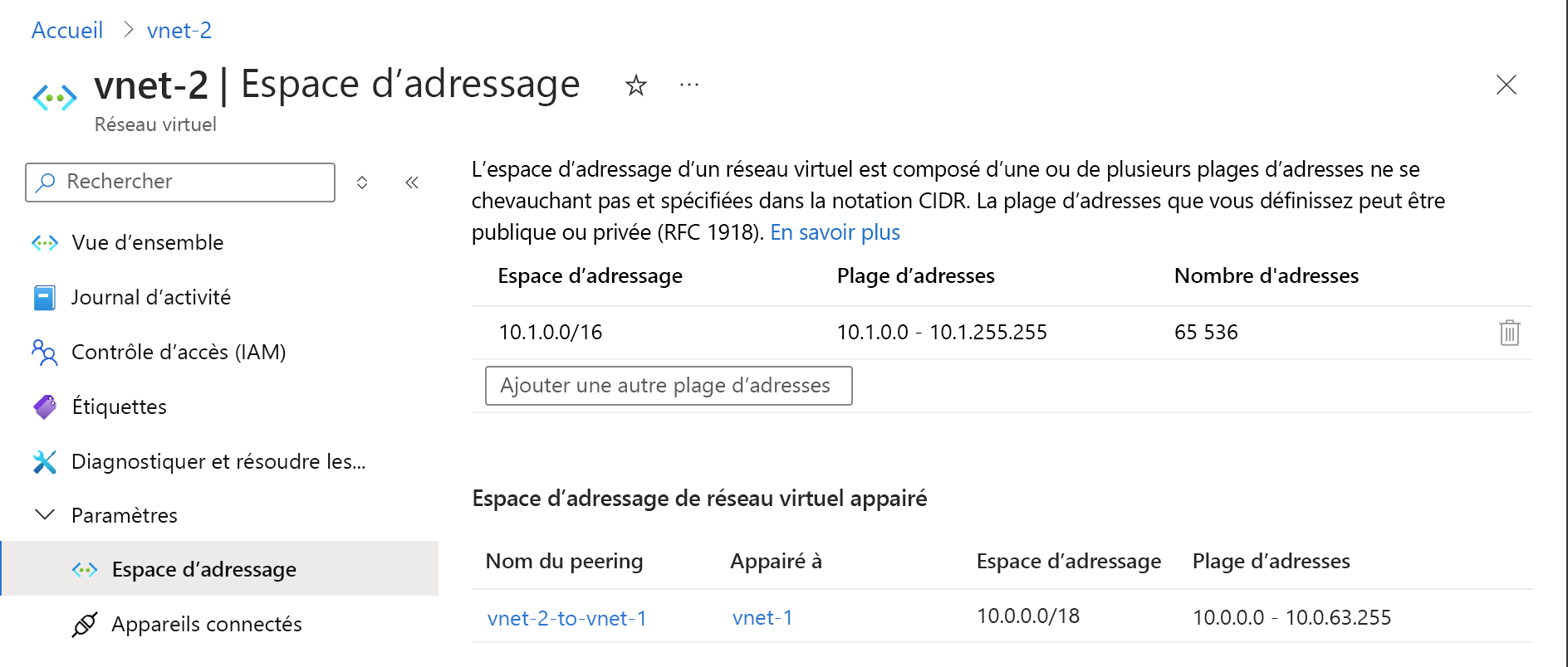 Capture d’écran de la page Espace d’adressage où vous vérifiez que l’espace d’adressage a changé.