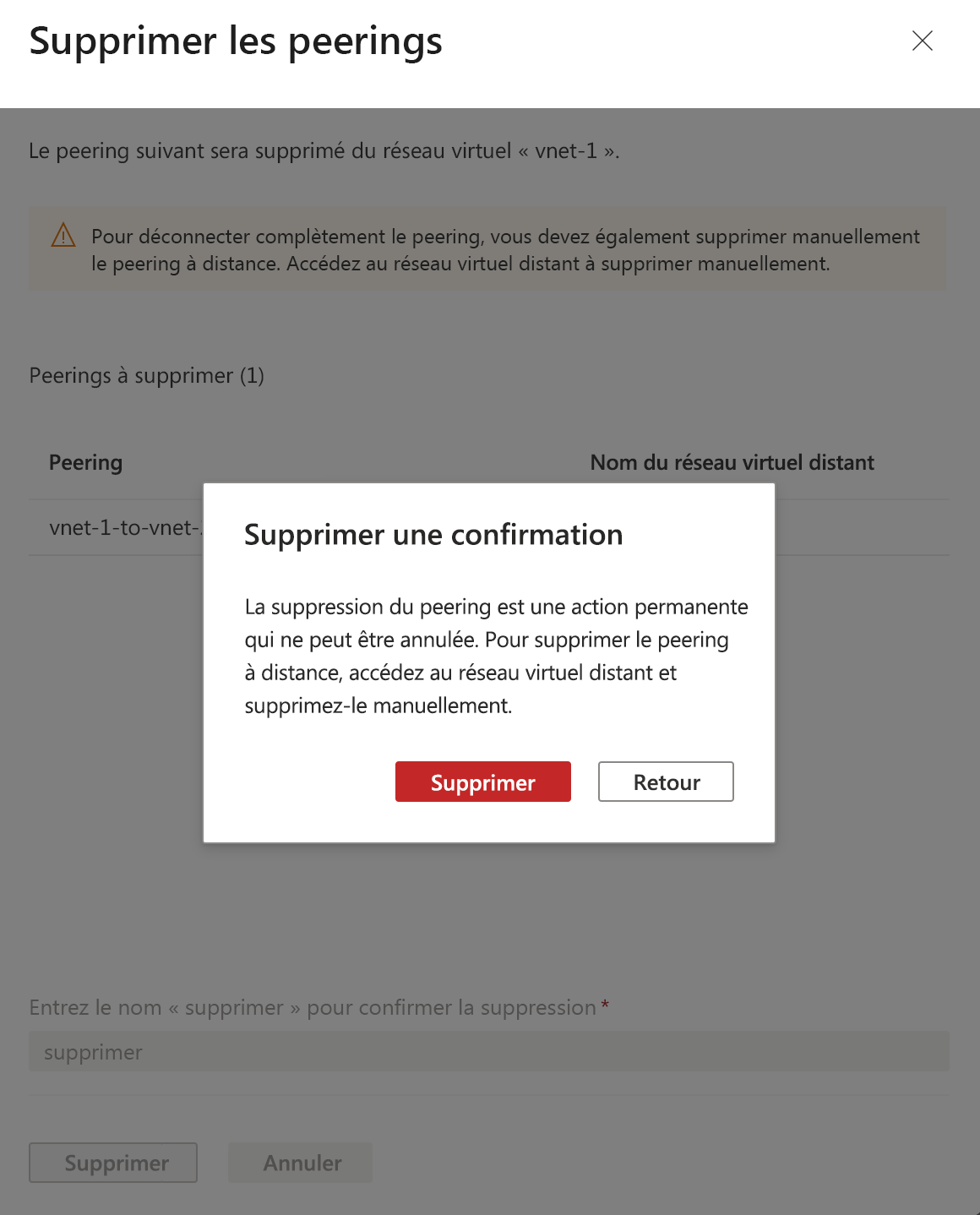 Capture d’écran de la confirmation de la suppression du peering.