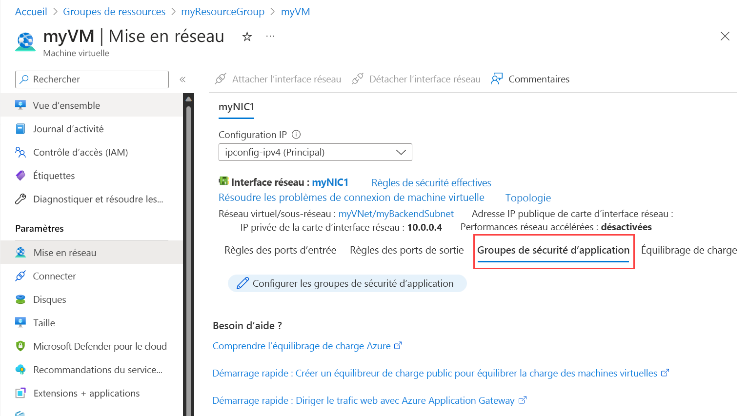 Capture d’écran de la configuration des groupes de sécurité d’application.