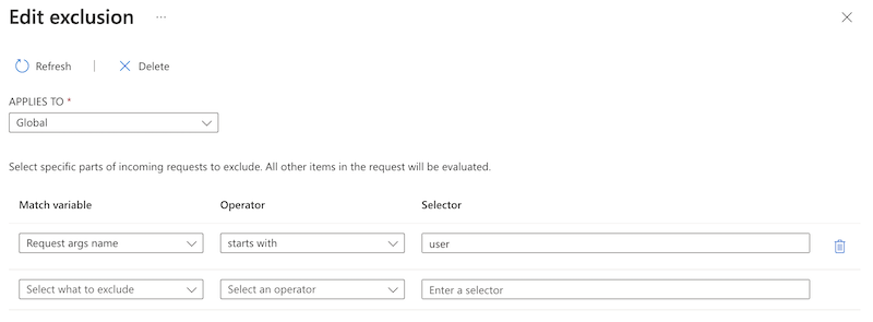 Capture d’écran du portail Azure qui montre la configuration d’une exclusion globale pour la stratégie WAF.