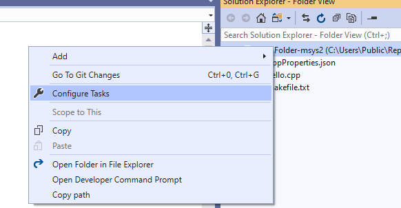 Explorateur de solutions menu contextuel montrant la commande Configurer les tâches.