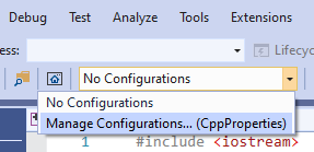 Liste déroulante de configuration dans la barre d’outils montrant la sélection Gérer les configurations.