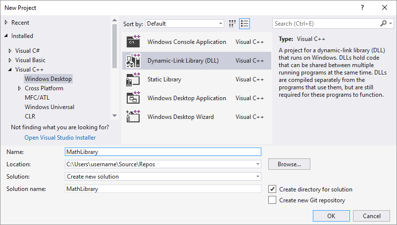 Screenshot of the New Project dialog box showing Math Library in the Name text box.