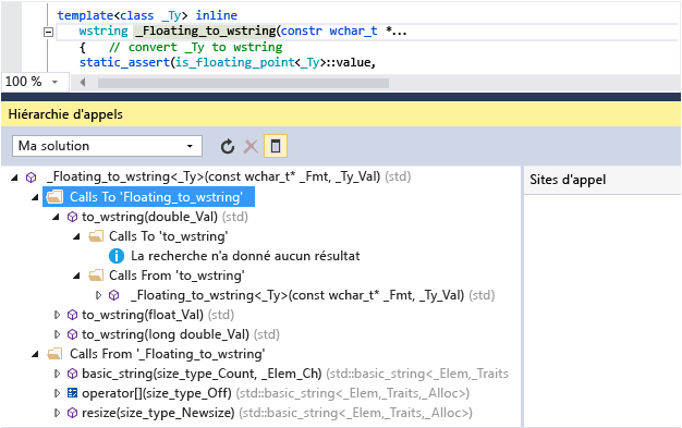 Capture d’écran de la fenêtre Hiérarchie des appels montrant les appels vers et depuis Floating_to_wstring(). Par exemple, to_wstring() appelle Floating_to_wstring().