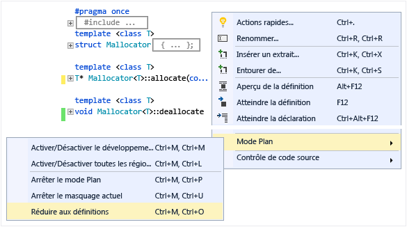 Capture d’écran de la fenêtre Plan montrant le corps de classes réduit. Les options Réduire aux définitions, Activer/désactiver tout le mode Plan, etc. sont visibles.