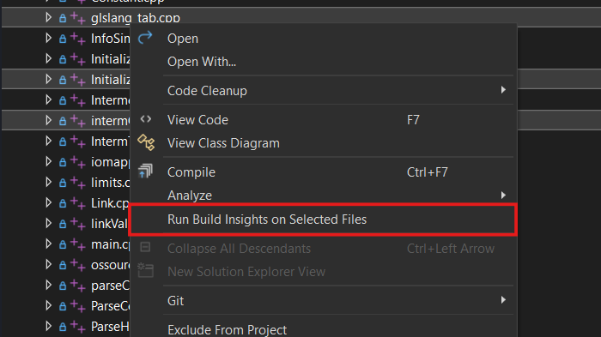 Capture d’écran des fichiers dans le Explorateur de solutions. Le menu contextuel est ouvert et l’option d’exécution d’Insights de build sur les fichiers sélectionnés est mise en surbrillance.