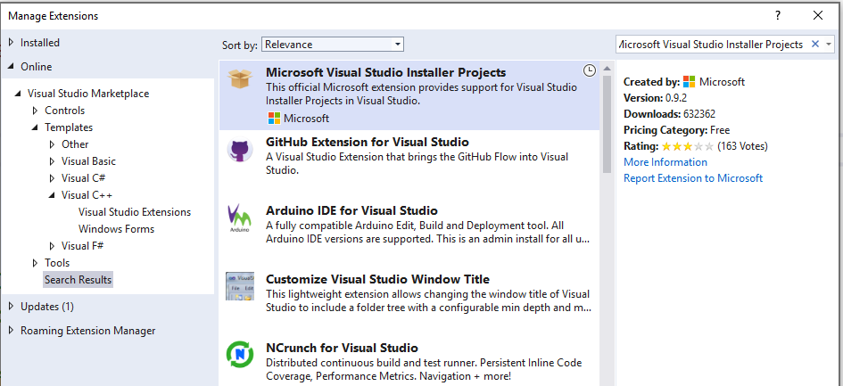 Boîte de dialogue Gérer les extensions montrant l’extension du projet d’installation de Visual Studio.