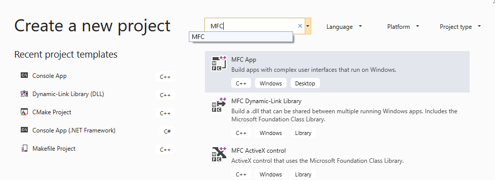 Capture d’écran de la boîte de dialogue Créer un projet montrant un modèle de projet d’application MFC.