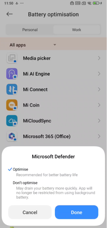 Image de la liste déroulante Microsoft Defender Optimiser