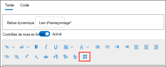 Action Insérer un code QR dans les contrôles de mise en forme de la page Configurer la charge utile de l’Assistant Création de nouvelle charge utile.