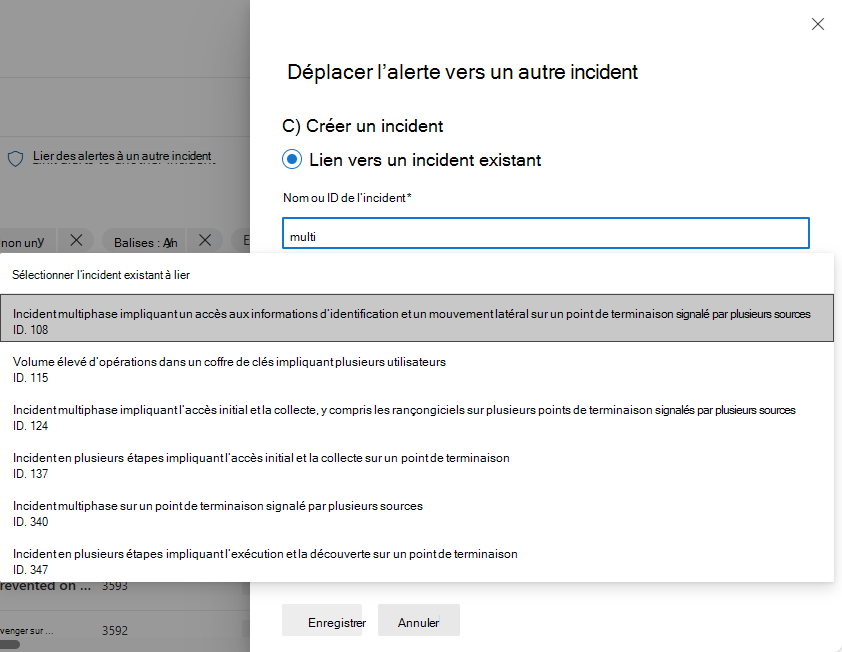 Capture d’écran de la sélection d’un incident existant vers le déplacement d’une alerte.