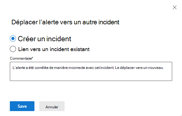 Capture d’écran de la sélection d’un nouvel incident vers le déplacement d’une alerte.